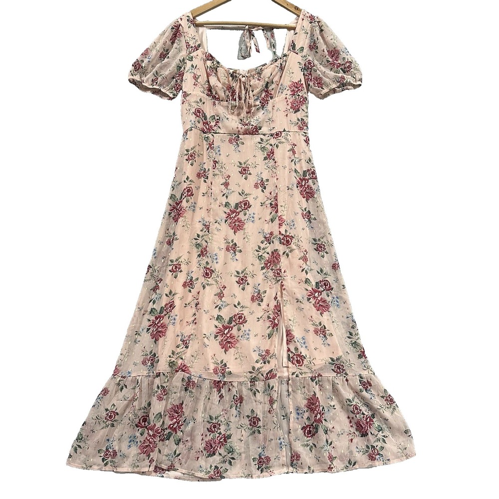 NWT Stitch Fix General Good Maxi Dress M Pink Floral Christabel Puff Tie Coquett